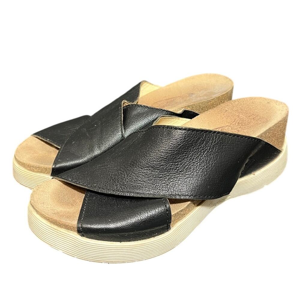 Fly London Wary Leather Slide Wedge Platform Sandals‎ Black Size 39 US 8-8.5